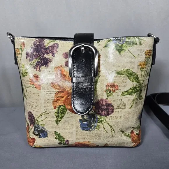 Patricia Nash Leather Crossbody Bag Floral Newspaper Print Buckle Front Zip - Picture 2 of 13